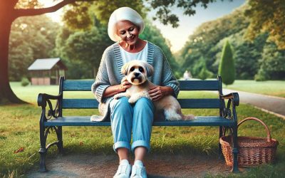 senior citizen sitting alone on a park bench with a small dog on their lap, both looking content, highlighting the comfort and companionship pets can provide to older adults.