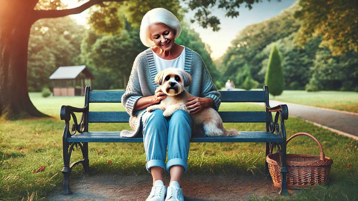 senior citizen sitting alone on a park bench with a small dog on their lap, both looking content, highlighting the comfort and companionship pets can provide to older adults.